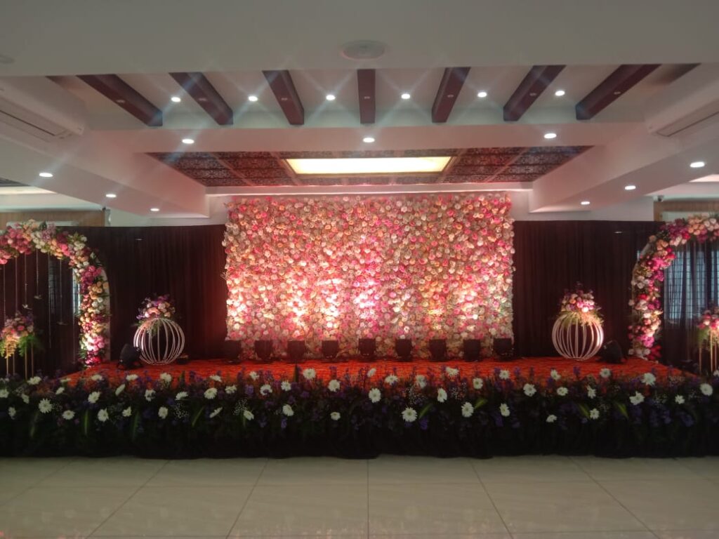 Decorated Mugurtham stage and wedding hall interior at Kalyana Mandapam in Annanagar
