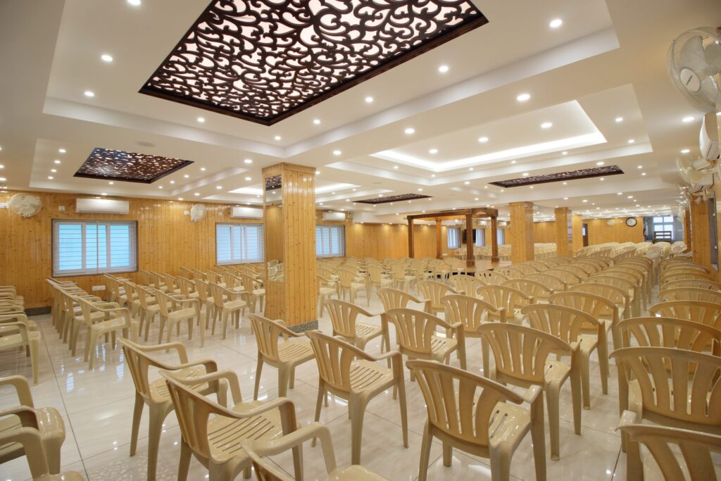 Traditional wedding stage with floral décor at Kalyana Mandapam in Arumbakkam