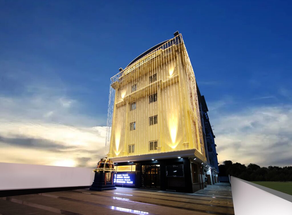 Spacious decorated wedding hall interior at Marriage Halls in Purasawalkam